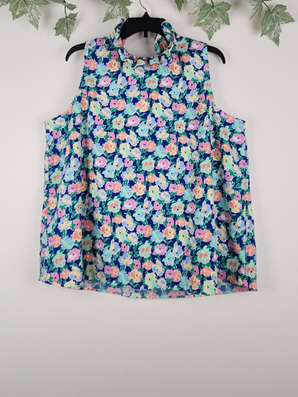 Crown & Ivy Size XXL Green Pink Floral Ruffle High Neck Tie Back Top Blouse